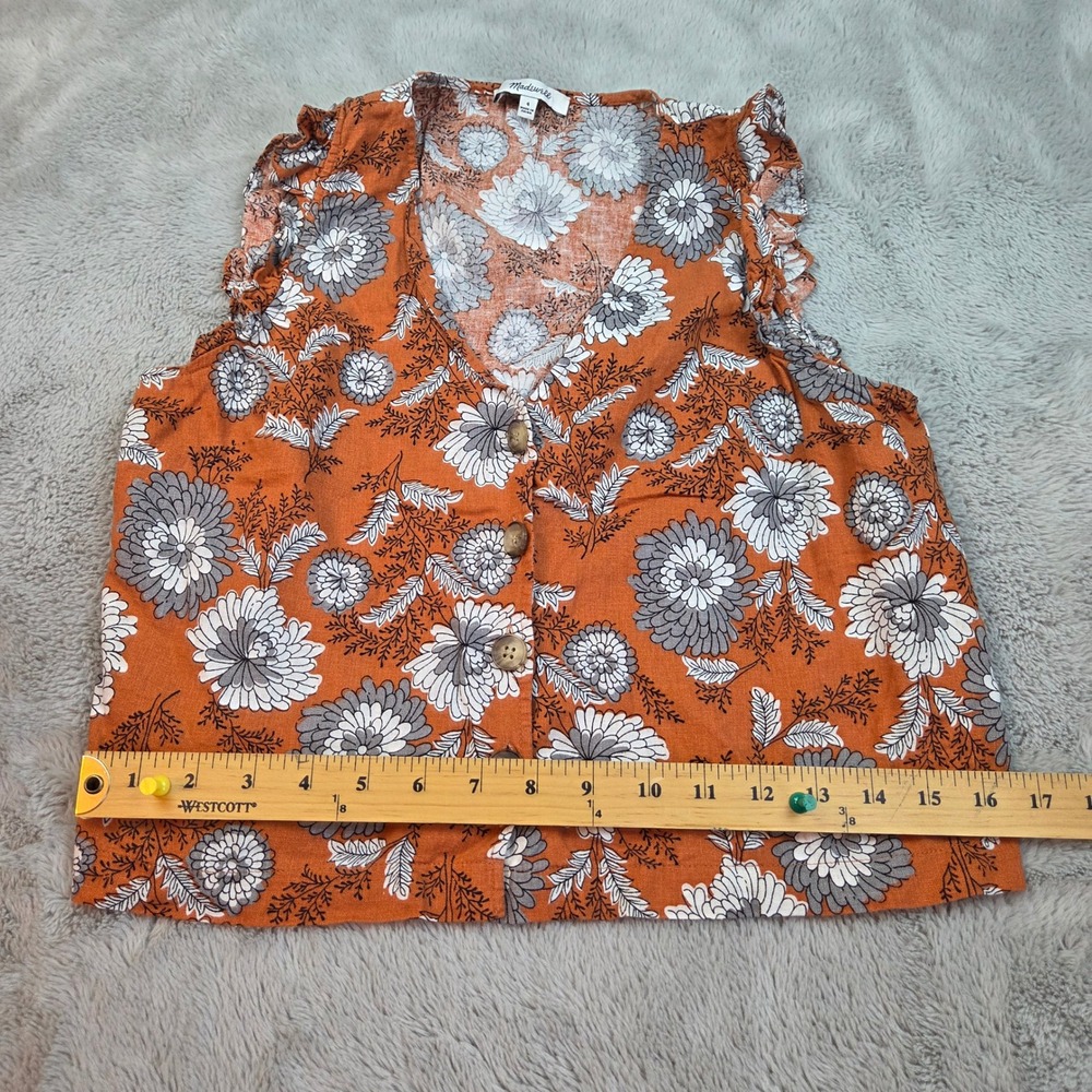 Madewell Linen Blend Floral Ruffle Button Front Top Women 4 Rust Orange Cropped